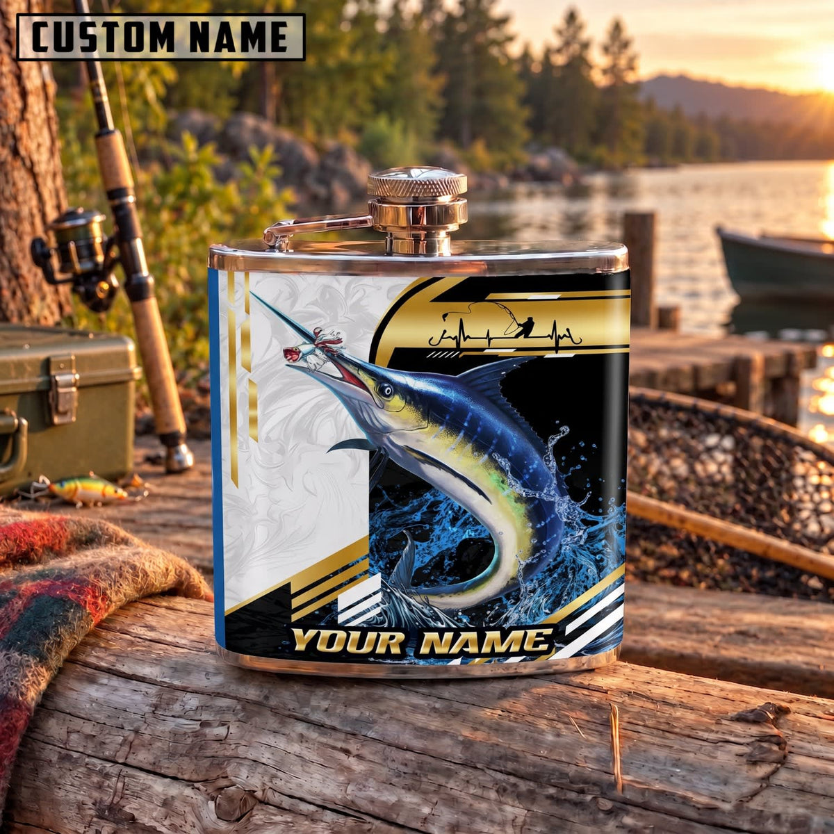 Maxcorners Fishing Blue Marlin Minimal Graphic Personalized Name 3D Hip Flask