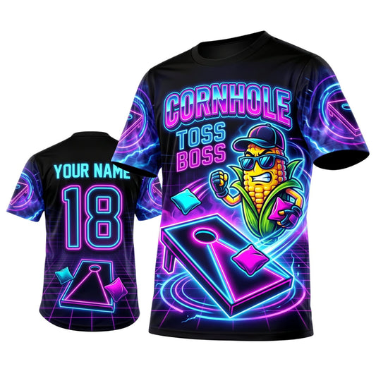 Maxcorners Cornhole Neon Toss Boss Corn Character Personalized Name 3D Unisex Shirt