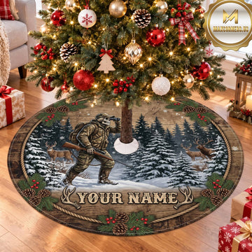 Maxcorners Hunting Deer Snowy Mountain Forest Personalized Name 3D Christmas Tree Skirt