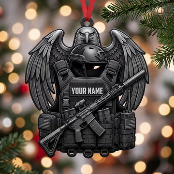 Maxcorners Veteran Eagle Wing Tactical Vest And Rifle Personalized Name 3D Keychain And Ornament
