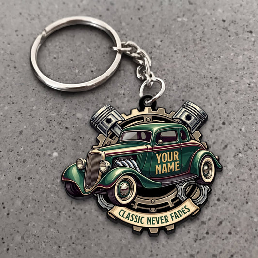 Maxcorners Hot Rod Green Classic Coupe with Classic Never Dies Badge Personalized Name 3D Keychain And Ornament