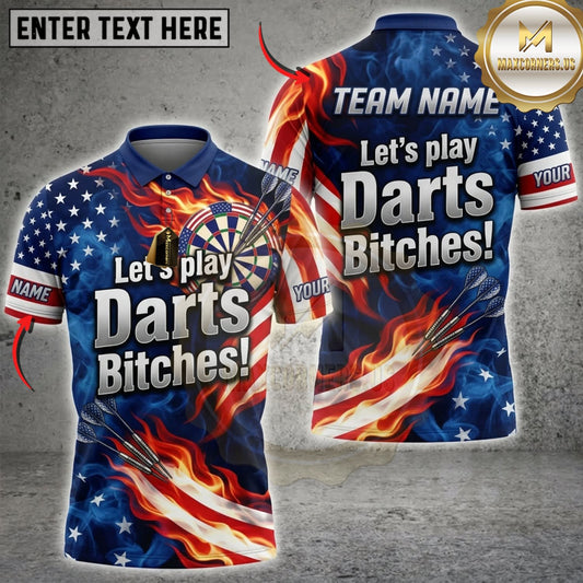 Maxcorners Darts American Flag Lets Play Darts Bitches Flaming Dartboard Personalized Name 3D Unisex Shirt