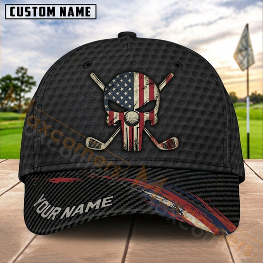 Maxcorners Golf USA Skull Crossed Clubs Personalized Name 3D Cap