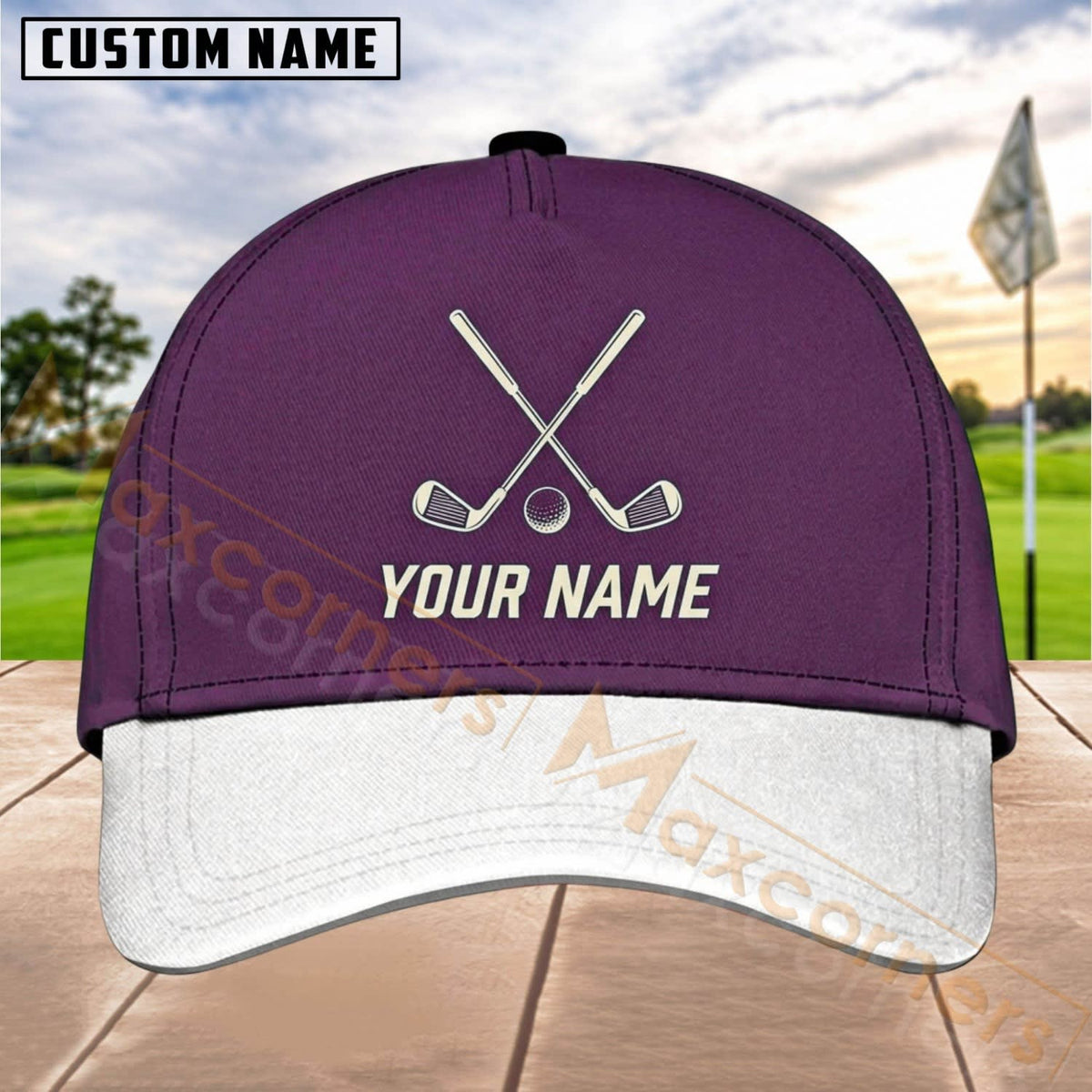 Maxcorners Golf Crossed Clubs Minimal Logo Personalized Name 3D Cap (5 Colors)