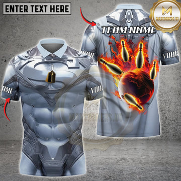 Maxcorners Bowling Silver Metallic Armor Flaming Bowling Hand Personalized Name 3D Unisex Shirt