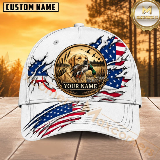Maxcorners Dog Hunting And Duck White American Flag Hunting Dog Badge Personalized Name 3D Cap