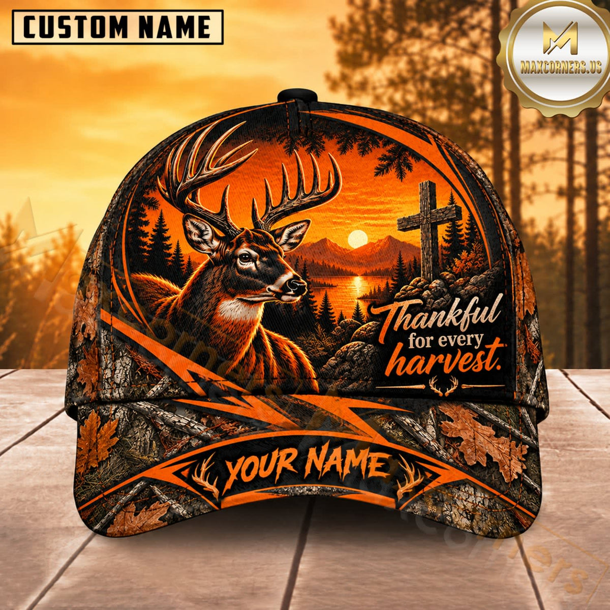 Maxcorners Deer Hunting Whitetail Buck Thankful for Every Harvest Orange Pine Camo Customized Name 3D Cap