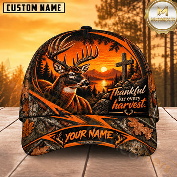 Maxcorners Deer Hunting Whitetail Buck Thankful for Every Harvest Orange Pine Camo Customized Name 3D Cap