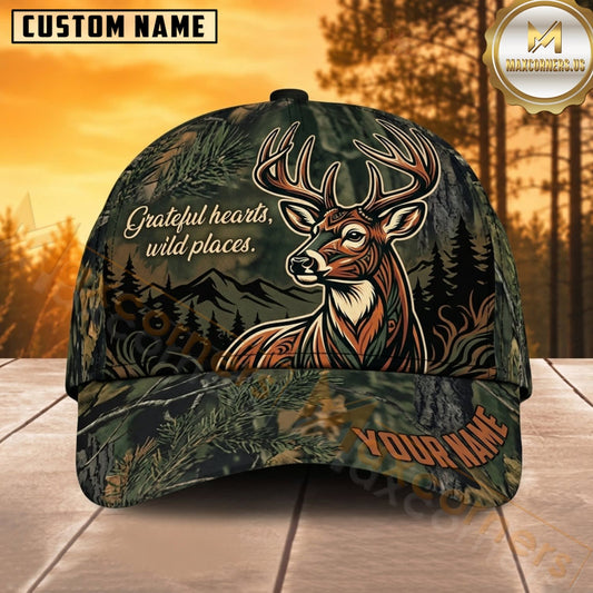Maxcorners Deer Hunting Whitetail Buck Vintage Hunting Crest Woodland Camo Customized Name 3D Cap