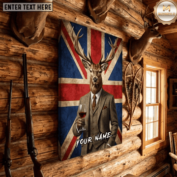 Maxcorners Deer Hunting Dapper Buck Suit Wine Glass Union Jack British Flag Gentleman Canvas Wall Art