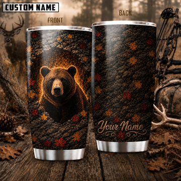 Maxcorners Hunting Bear Pinecone Autumn Leaves Personalized Name 3D Tumbler