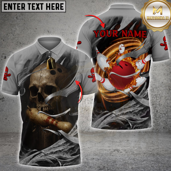 Maxcorners Bowling Skull Shirt Cool Strike Flames Multioptions Personalized Name, Team Name Unisex 3D Shirt (4 Colors)