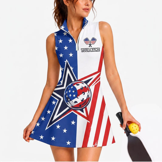 Maxcorners Pickleball Sleeveless Zipper Sports Dress Set Patriotic Star Stripe Pickleball Personalized Name 3D Sleeveless Zipper Sports Dress Set