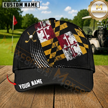 Maxcorners Golf Maryland Flag Golf Clubs Black Red Yellow Distressed Personalized Name 3D Cap