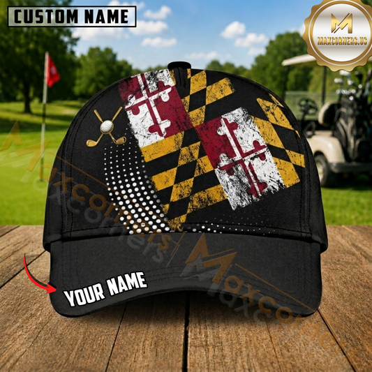 Maxcorners Golf Maryland Flag Golf Clubs Black Red Yellow Distressed Personalized Name 3D Cap