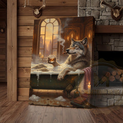 Maxcorners Relaxed Wolf in Luxury Bathtub with Whiskey and Cigar at Golden Sunset Wrapped Canvas Wall Art