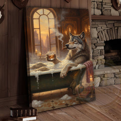 Maxcorners Relaxed Wolf in Luxury Bathtub with Whiskey and Cigar at Golden Sunset Wrapped Canvas Wall Art