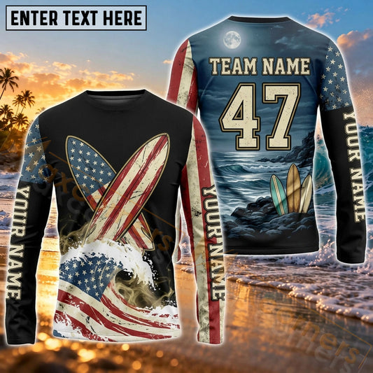 Maxcorners Surfing Golden Sunset Ocean Art Customized Name, Number, Team Name 3D Long Sleeve Shirts
