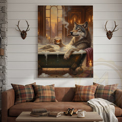 Maxcorners Relaxed Wolf in Luxury Bathtub with Whiskey and Cigar at Golden Sunset Wrapped Canvas Wall Art