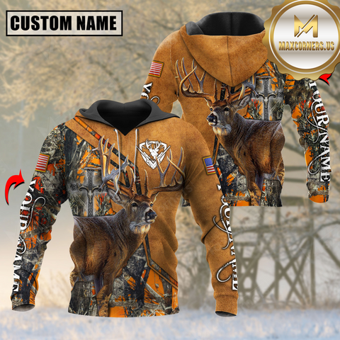 Maxcorners Orange Wilderness Deer Hunting USA Flag Custom Name Shirt 3D All Over Printed Clothes