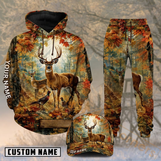 Maxcorners Hunting Whitetail Buck Autumn Forest Leaves Personalized 3D Combo Hoodie, Sweatpants Set & Cap