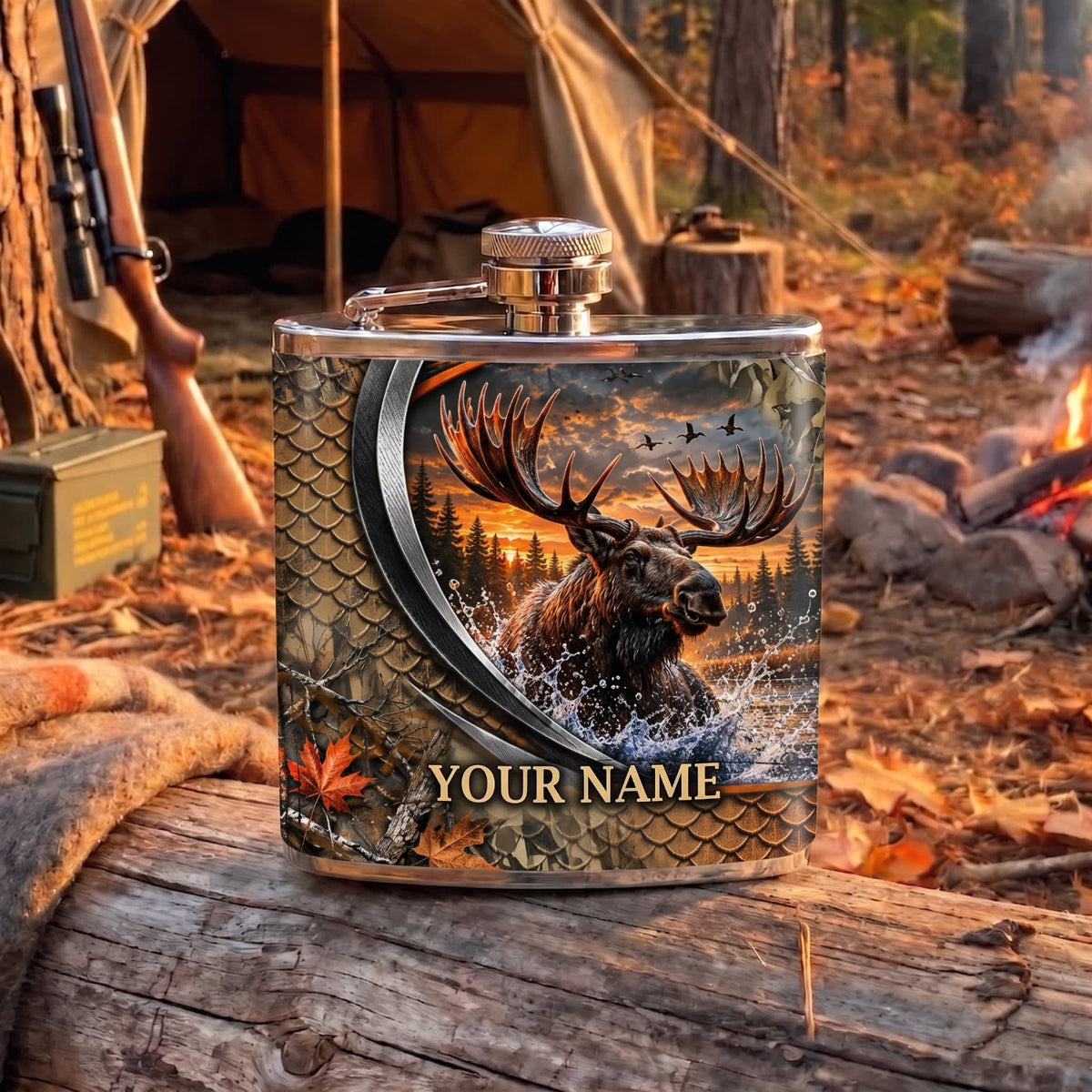 Maxcorners Hunting Moose Antler Mountain Wilderness Scene Personalized Name 3D Hip Flask