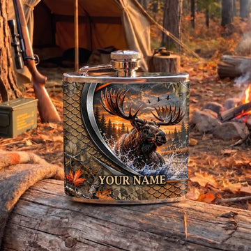 Maxcorners Hunting Moose Antler Mountain Wilderness Scene Personalized Name 3D Hip Flask
