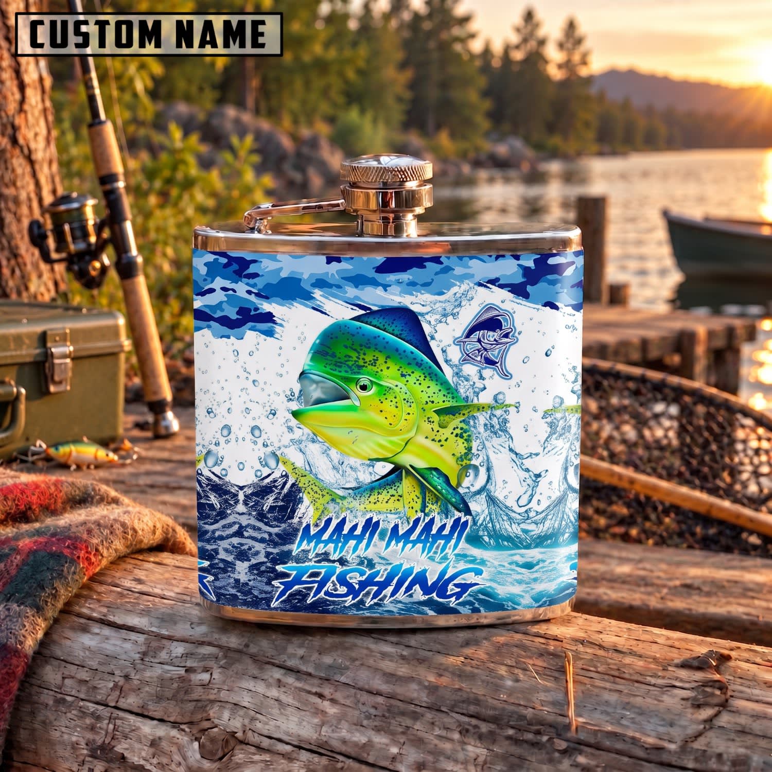 Maxcorners Fishing Mahi Mahi Ocean Wave Personalized Name 3D Hip Flask