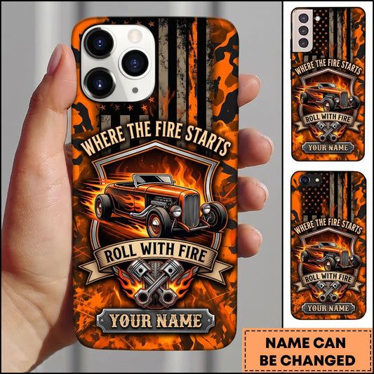 Maxcorners Hot Rod Orange Flame Classic Car with Vintage Skull Badge Personalized Name 3D Phone Case