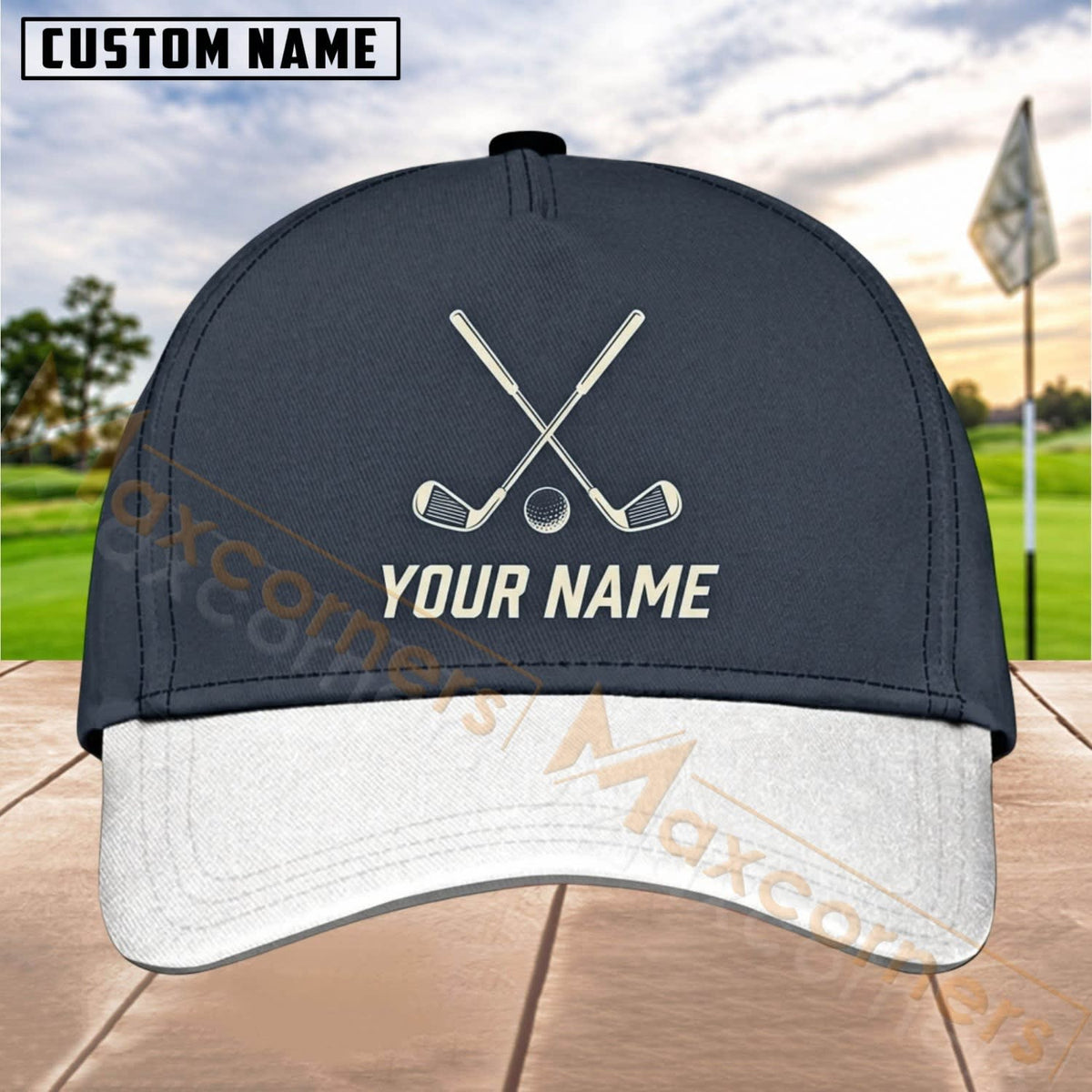 Maxcorners Golf Crossed Clubs Minimal Logo Personalized Name 3D Cap (5 Colors)