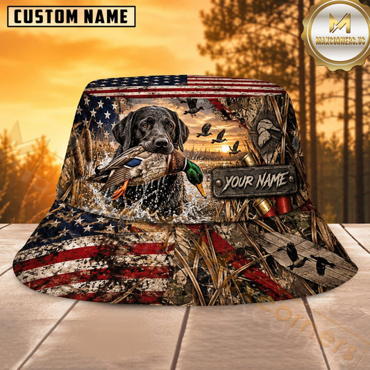 Maxcorners Duck Hunting Dog American Flag Timber Personalized Name 3D Bucket Hat