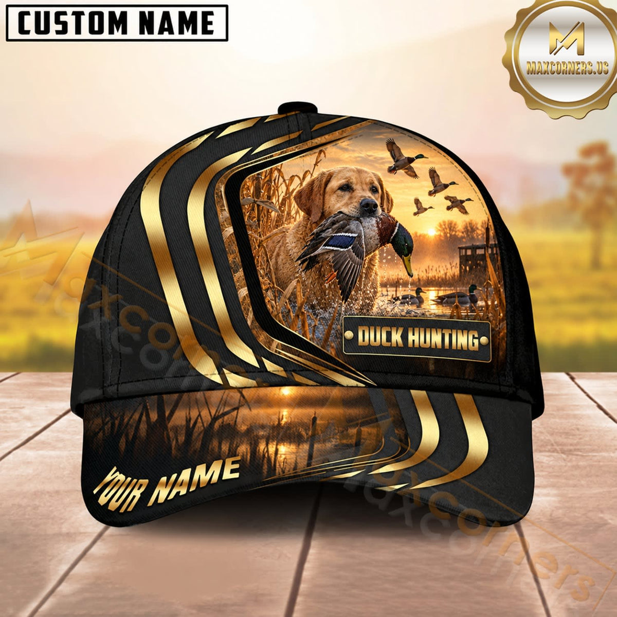 Maxcorners Dog Hunting And Duck Black Gold Curved Stripe Marsh Sunset Scene Multiple Options Personalized Name 3D Cap