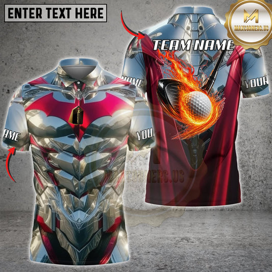 Maxcorners Golf Silver Red Mechanical Armor Fireball Personalized Name 3D Unisex Shirt