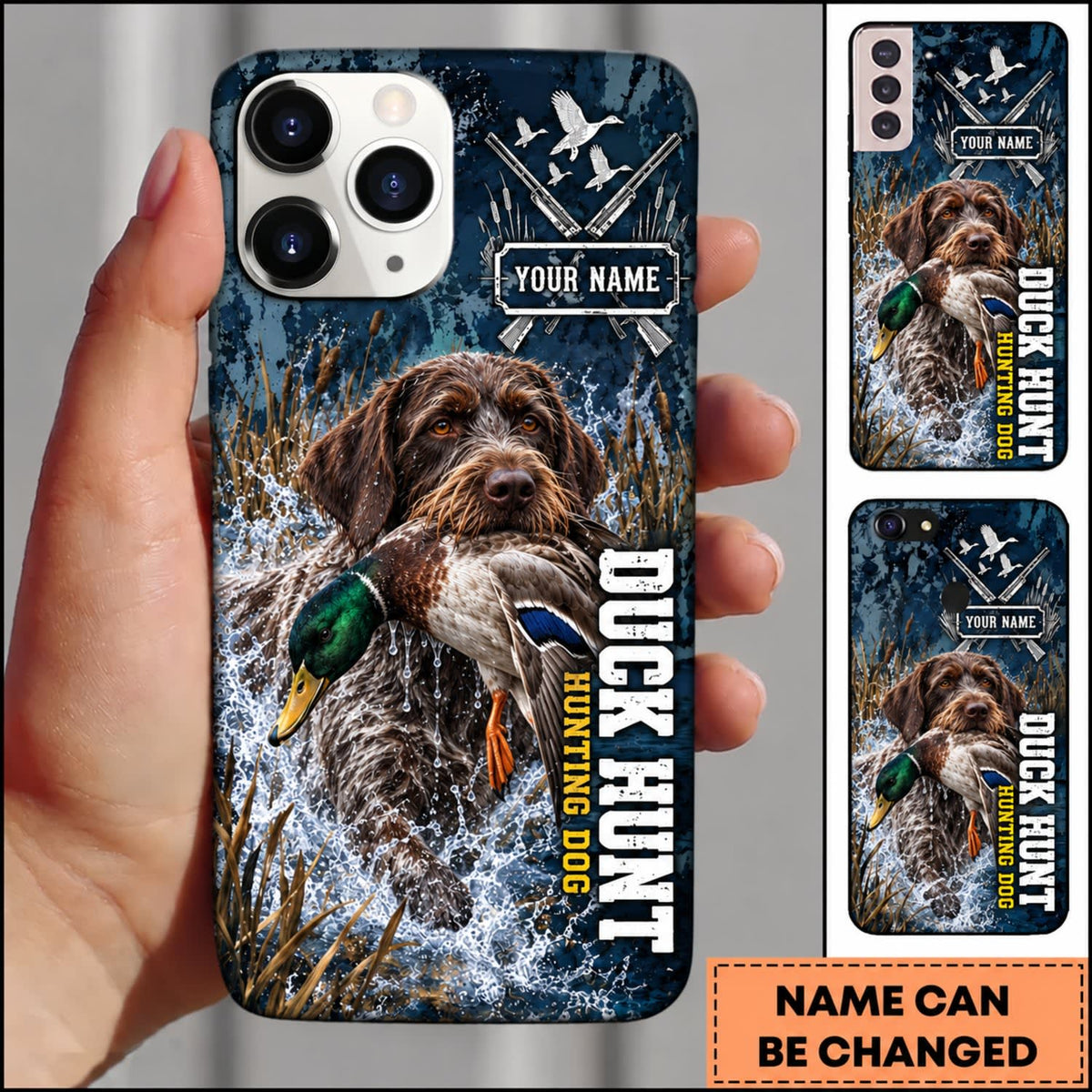 Maxcorners Duck Hunting Retriever Dog Blue Camo Duck Hunting Typography Personalized Name 3D Phone Case - Deutsch Drahthaar