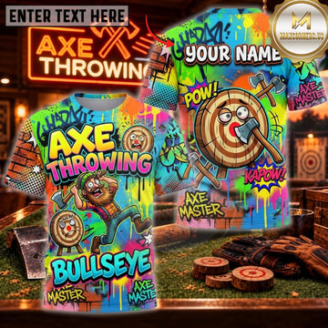 Maxcorners Axe Throwing Pop Art Comic Bullseye Personalized Name 3D Unisex Shirt