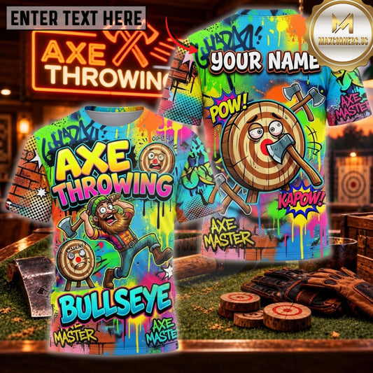 Maxcorners Axe Throwing Pop Art Comic Bullseye Personalized Name 3D Unisex Shirt