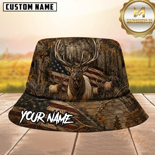 Maxcorners Elk Hunting Faded US Flag Woods Camo Personalized Name 3D Bucket Hat
