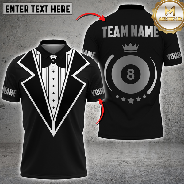 Maxcorners Billiards Tuxedo 8 Ball Crown Black Personalized Name 3D Unisex Shirt