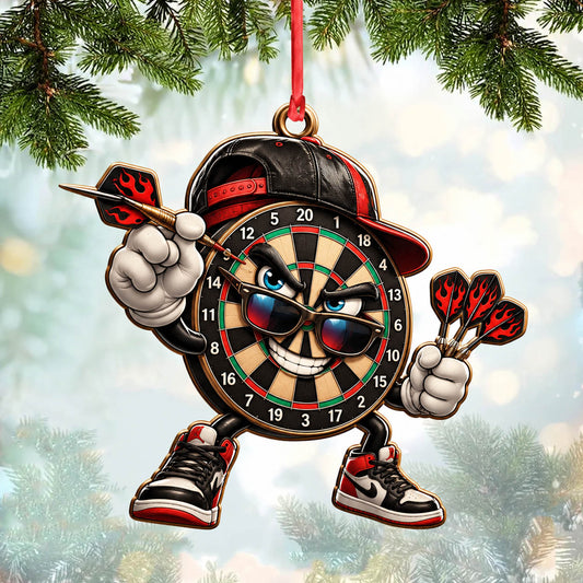 Maxcorners Darts Lover Cool Target Board Character, Cap, Sunglasses, Holding Darts Personalized Name Ornament 2D Flat