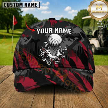 Maxcorners Golf Ball Breaking Ground Black Red Gray Camouflage Personalized Name 3D Cap
