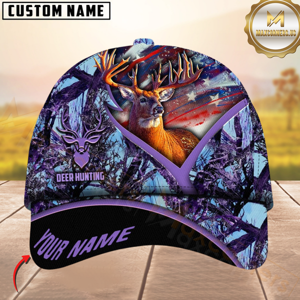 Maxcorners Hunting Deer American Flag Camouflage Multicolor Personalized Name 3D Cap
