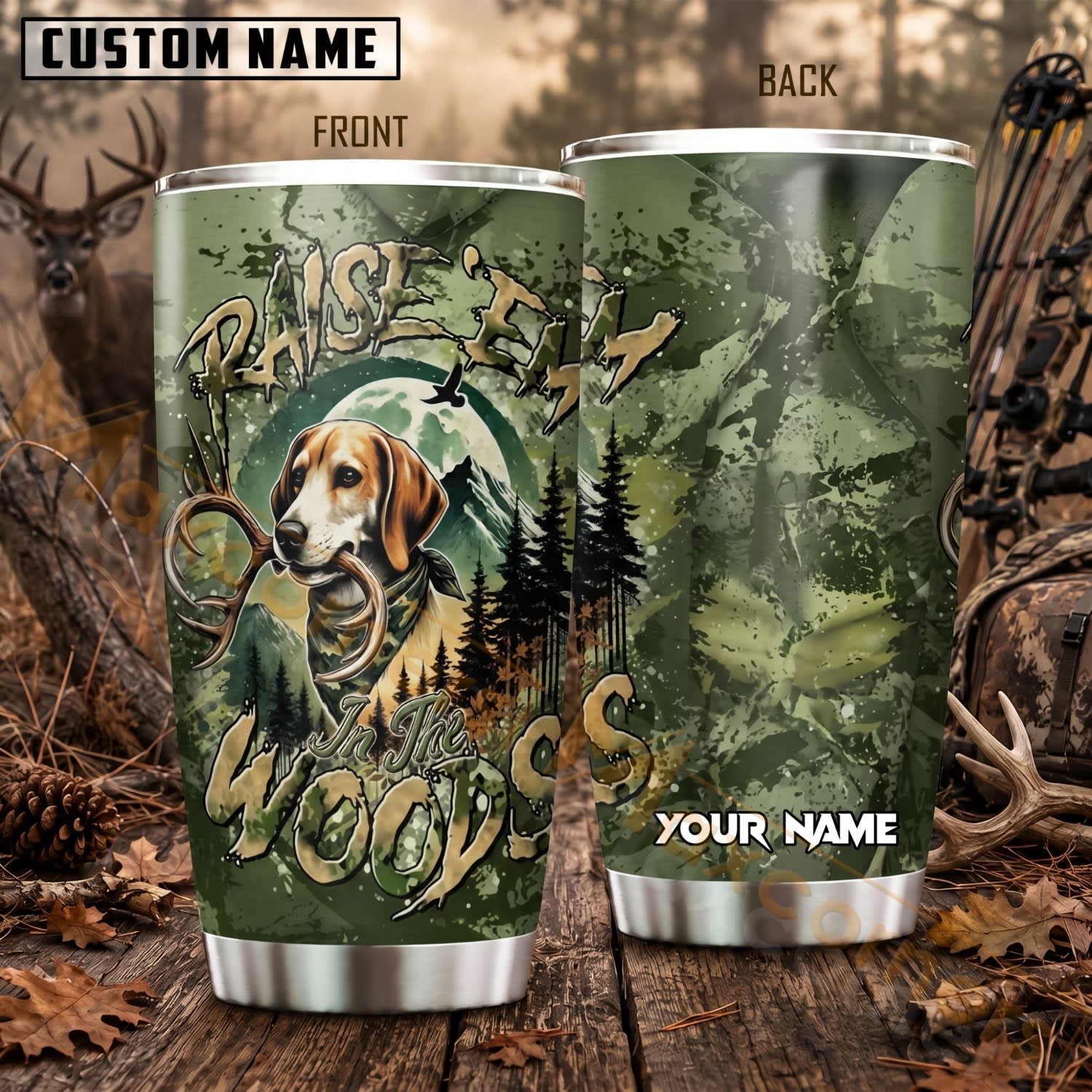 Maxcorners Hunting Duck Hunter Green Woodland Camo Personalized Name 3D Tumbler