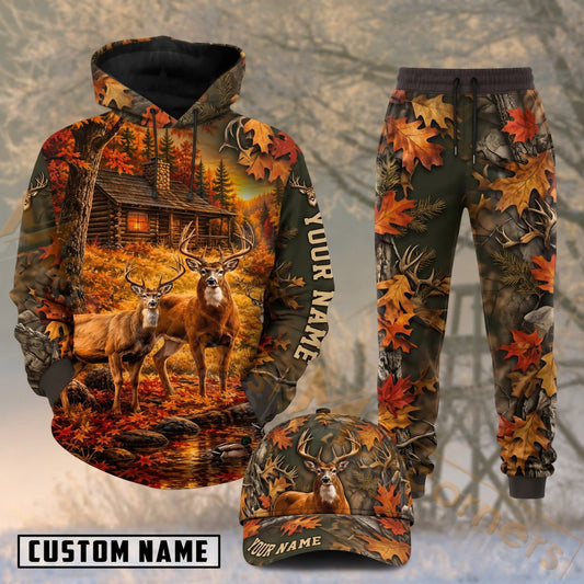 Maxcorners Hunting Deer Cabin Autumn Leaves Forest Personalized 3D Combo Hoodie, Sweatpants Set & Cap