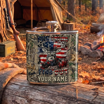 Maxcorners Hunting Patriotic Deer American Flag Rustic Design Personalized Name 3D Hip Flask