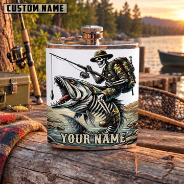 Maxcorners Fishing Skeleton Fisherman Riding Shark Personalized Name 3D Hip Flask