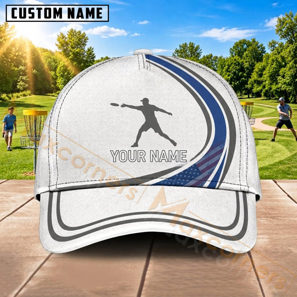 Maxcorners Disc Golf Player Silhouette White Gold Personalized Name 3D Cap