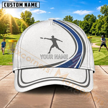 Maxcorners Disc Golf Player Silhouette White Gold Personalized Name 3D Cap