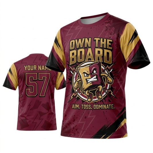 Maxcorners Cornhole Own The Board Burgundy Gold Mascot Personalized Name 3D Unisex Shirt