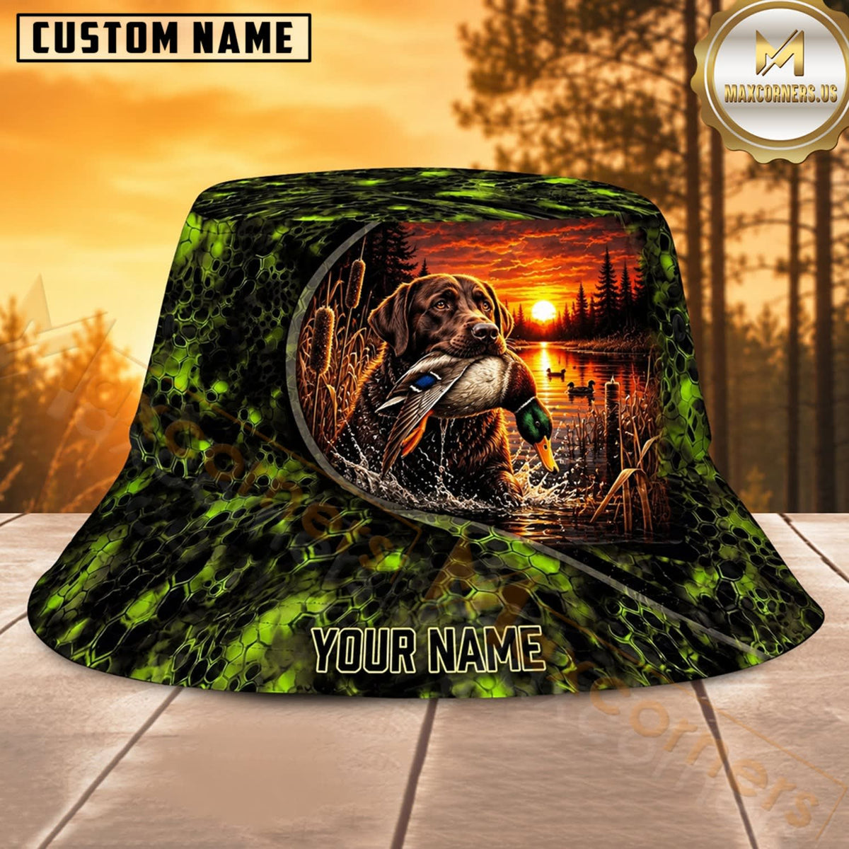 Maxcorners Wild Boar Hunting Dark Green Sunset Personalized Name 3D Bucket Hat
