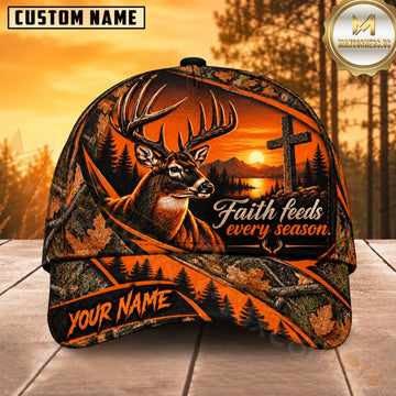 Maxcorners Deer Hunting Whitetail Buck Faith Feeds Every Season Orange Camo Customized Name 3D Cap